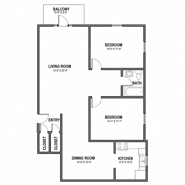 Floor plan for 2 beds, 1 bath, 1060 sqft